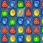 Jogo de combinação de três com peças coloridas e símbolos variados em fundo azul