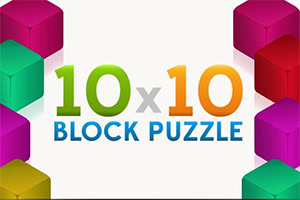 Blocos coloridos em 3D nos cantos e texto 10x10 BLOCK PUZZLE ao centro sobre fundo branco