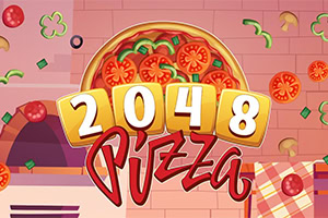 Pizza com tomate e manjericão ao fundo e o número 2048 em destaque com a palavra Pizza