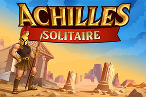 Guerreiro grego armado com lança e escudo diante de ruínas antigas ao pôr do sol, com o título Achilles Solitaire no topo