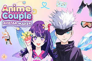Ilustração em estilo anime com uma rapariga de cabelo roxo a segurar um gelado e um rapaz de cabelo branco com venda nos olhos, sobre um fundo rosa com corações e elementos decorativos, e texto Anime Couple Avatar Maker