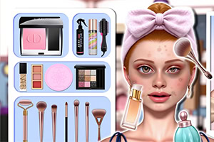 Mulher com toalha cor-de-rosa na cabeça e maquilhagem, rodeada por produtos e pincéis de cosmética