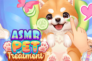 Cãozinho corgi sorridente a receber tratamento ASMR, com mãos, instrumentos de cuidados e corações coloridos