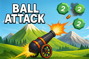 Canhão a disparar contra blocos verdes numerados entre montanhas, com o texto BALL ATTACK