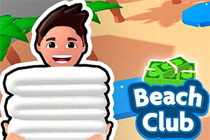 Personagem sorridente enrolada numa toalha branca numa praia tropical, com o logótipo «Beach Club» e uma mala verde ao fundo