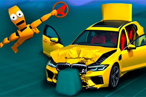 Carro amarelo amassado após colisão, com manequim de teste de impacto projetado ao lado
