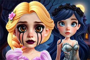 Duas personagens estilizadas, uma loira a chorar lágrimas negras e outra de cabelo azul em estilo gótico, num cenário escuro e misterioso