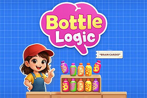 Ilustração colorida de uma menina com boné vermelho ao lado de frascos decorados e de um logótipo Bottle Logic sobre fundo azul quadriculado