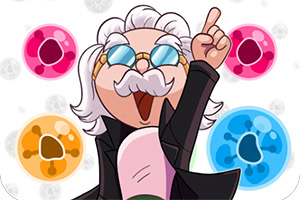 Personagem de desenho animado com cabelo branco e óculos, apontando para cima, cercado por bolhas coloridas com símbolos internos