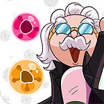 Brain Master Game for Genius Personagem de desenho animado com cabelo branco e óculos, apontando para cima, cercado por bolhas coloridas com símbolos internos