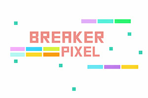 Texto BREAKER PIXEL em estilo pixelizado ao centro, com barras coloridas e pequenos quadrados dispersos sobre fundo branco