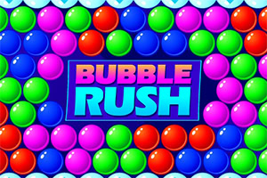 Bolas coloridas brilhantes rodeiam o título BUBBLE RUSH num fundo azul