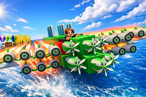 Personagem de desenho animado num veículo verde voador com várias hélices e rodas, sobre o mar com salpicos de água, com balões de ar quente e edifícios ao fundo sob céu azul