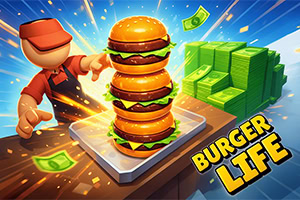 Personagem cartoon a apontar para uma pilha de três hambúrgueres sobre uma base, com maços de notas verdes e dinheiro a voar, e o texto BURGER LIFE