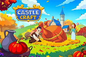 Imagem de jogo com tema medieval mostrando um cavaleiro e uma princesa em um cenário colorido com castelo e abóbora gigante