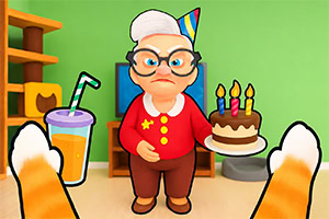 Avó de desenhos animados com óculos junto a um bolo de aniversário com velas, uma bebida e patas de gato em primeiro plano