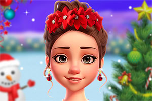 Jovem sorridente com coroa de flores vermelhas, brincos festivos e cenário natalício com boneco de neve e árvore decorada