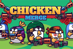 Ilustração colorida com três galinhas em estilo cartoon a segurar armas, com o texto CHICKEN MERGE ao centro e canhões apontados a partir dos cantos sobre um fundo verde