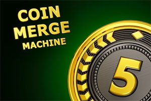 Texto COIN MERGE MACHINE ao lado de uma grande moeda dourada com o número 5 sobre fundo verde-escuro