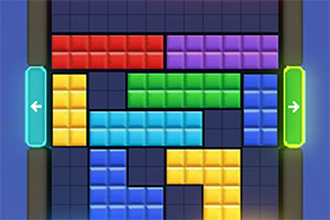 Jogo de Tetris colorido com peças encaixadas e setas de direção à esquerda e à direita
