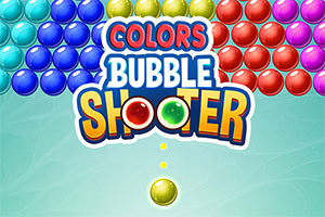 Logótipo colorido Colors Bubble Shooter sobre fundo azul-claro, rodeado por bolas brilhantes azuis, vermelhas, verdes e roxas