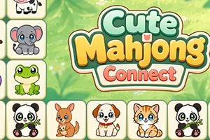 Logótipo Cute Mahjong Connect rodeado por peças com animais fofos, incluindo elefante, sapo, panda, canguru, cão e gato