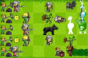 Jogo de estratégia em pixel art com personagens lutando e utilizando magias em um cenário verde