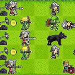 Defenders of the Realm: An Epic War! Jogo de estratégia em pixel art com personagens lutando e utilizando magias em um cenário verde