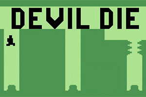Texto pixelizado DEVIL DIE sobre um fundo verde com silhuetas de árvores e um pequeno personagem preto à esquerda