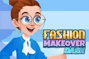 Mulher animada de óculos e cabelo apanhado, com o texto colorido Fashion Makeover Dash ao lado