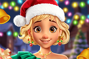 Jovem sorridente com gorro de Pai Natal, brincos festivos e luzes coloridas de Natal ao fundo