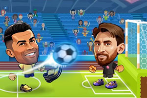 Dois futebolistas em estilo cartoon disputam uma bola brilhante junto à baliza, com adeptos nas bancadas ao fundo