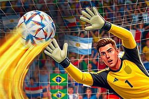 Guarda-redes de camisola amarela a defender uma bola em chamas junto à baliza, com bandeiras do Brasil e da Argentina na bancada