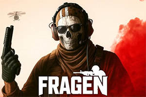 Soldado com máscara de caveira, auscultadores e pistola, diante de fumo vermelho e do texto FRAGEN