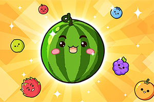Desenho animado de uma melancia fofa com carinha feliz e frutas animadas ao redor em fundo de estrelas brilhantes