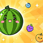 Desenho animado de uma melancia fofa com carinha feliz e frutas animadas ao redor em fundo de estrelas brilhantes