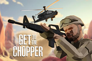 Soldado com capacete segurando um rifle, com um helicóptero no céu ao fundo e a frase Get to the Chopper à esquerda