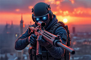 Soldado futurista armado com rifle, usando máscara e capacete com visor brilhante, contra o pôr do sol urbano