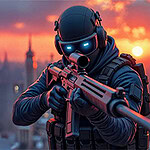 Soldado futurista armado com rifle, usando máscara e capacete com visor brilhante, contra o pôr do sol urbano