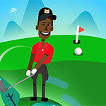 Ilustração de um homem jogando golfe em um campo com montanhas ao fundo