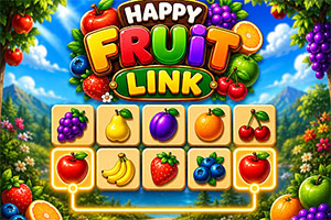 Logótipo colorido Happy Fruit Link sobre um cenário de pomar, com um painel de frutas em grelha e cachos de uvas nas margens