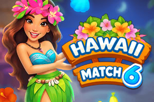 Jovem havaiana sorridente com flores no cabelo e saia verde junto ao logótipo colorido Hawaii Match 6