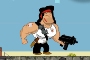 Personagem de desenho animado musculoso com faixa na cabeça e submetralhadora