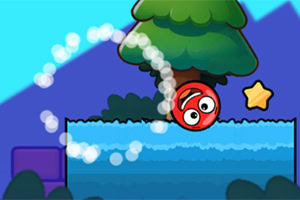 Imagem de um jogo de plataforma com um personagem vermelho saltando da água sob uma árvore e montanhas ao fundo
