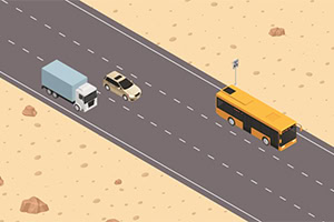 Desenho de uma estrada no deserto com um ônibus amarelo, um carro branco e um caminhão azul