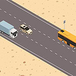Highway Rush Desenho de uma estrada no deserto com um ônibus amarelo, um carro branco e um caminhão azul