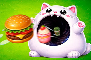 Gato branco rechonchudo com uma boca enorme a engolir um hambúrguer e um cupcake, sobre fundo verde