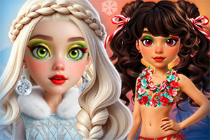 Duas jovens estilizadas com penteados elaborados, uma loira de tranças e casaco branco e outra morena de top floral colorido