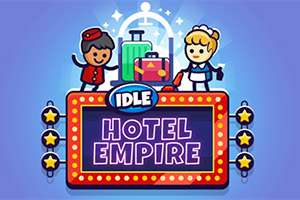 Ilustração de personagens de videogame em um logo do Idle Hotel Empire com um porteiro e uma camareira