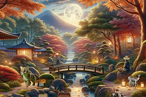 Paisagem oriental ao luar com pagode, ponte arqueada sobre um riacho, lanternas acesas, árvores outonais coloridas e veados junto à água, com montanhas ao fundo